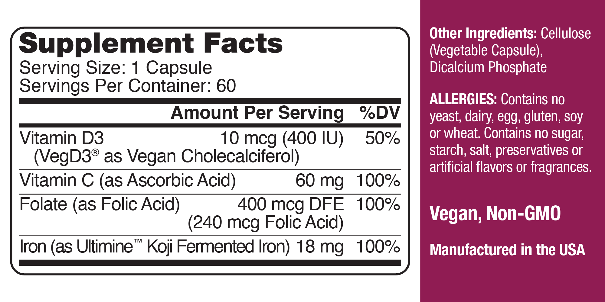 Koji Fermented Iron Plus - Advanced Formula with Folate, Vitamin C & D3 - 60 Capsules - MAGCEUTICS
