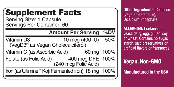 Koji Fermented Iron Plus - Advanced Formula with Folate, Vitamin C & D3 - 60 Capsules